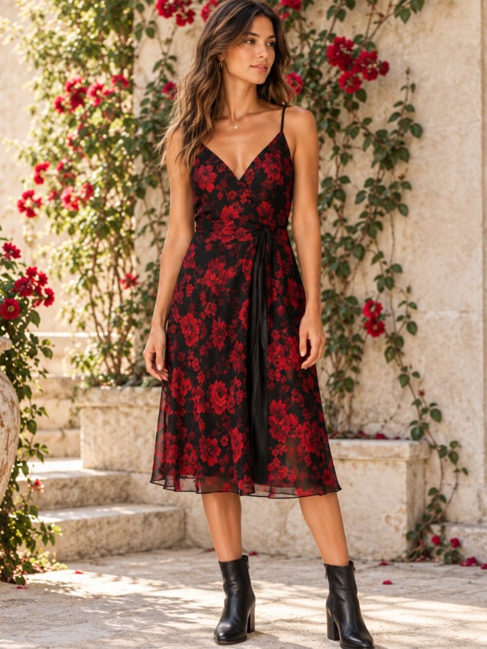 Valerie Stevens Chiffon Dress Slip Midi Black Red Floral XL 90s Y2K Fairycore